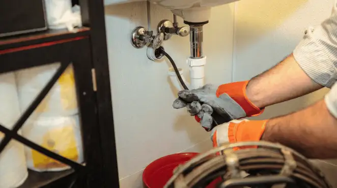 Drain cleaning technician using a motorized plumbing snake to clear a clogged sink pipe in Anchorage, AK